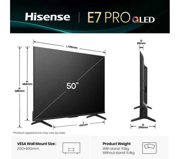 Hisense 50E7QTUK PRO 50" QLED 4K HDR Smart TV